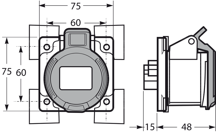Gniazdo tablicowe proste 16A 4P 400V IP44 - Dimensions
