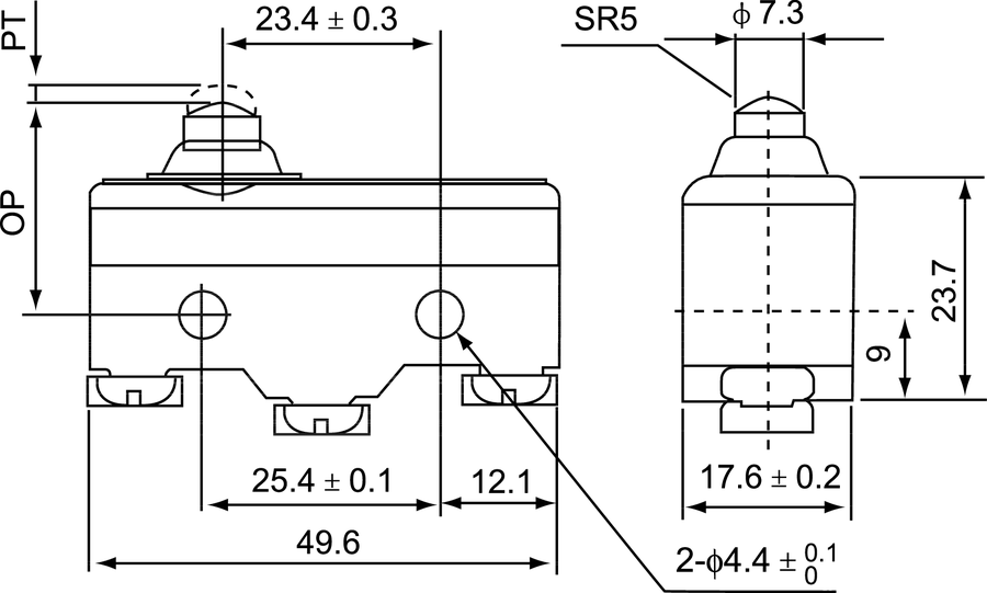 MS\1306 Міні-вимикач плунжер підпружинний короткий - Розміри