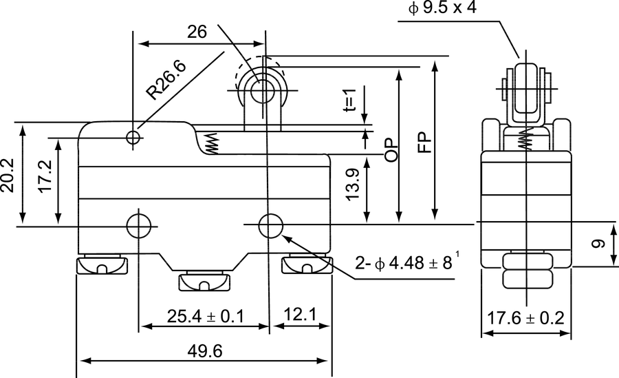MS\1704 Miniature switch short lever with roller - Dimensions