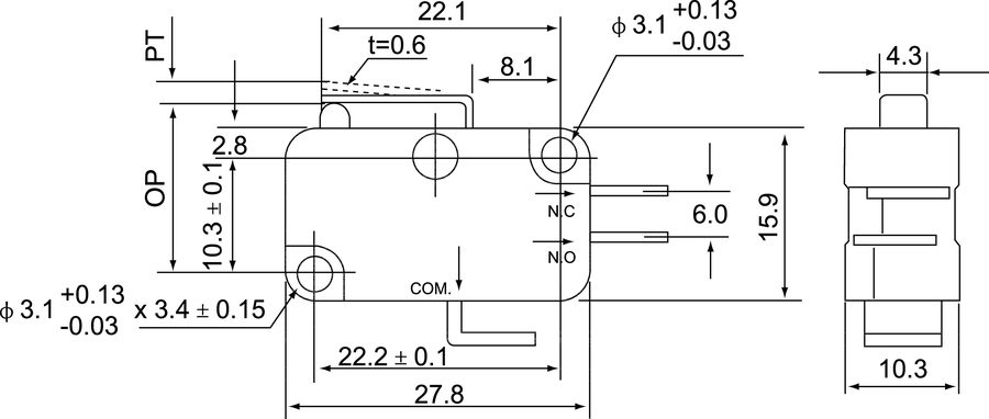 MSV\102C Miniature switch short flat lever - Dimensions