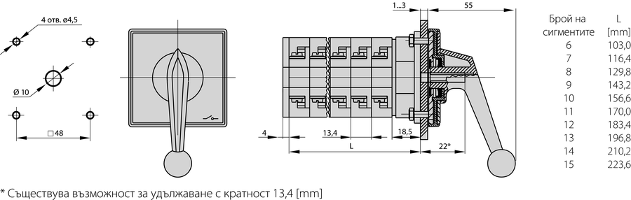 ŁK25R P Гърбичен прекъсвач за монаж на панел - Размери