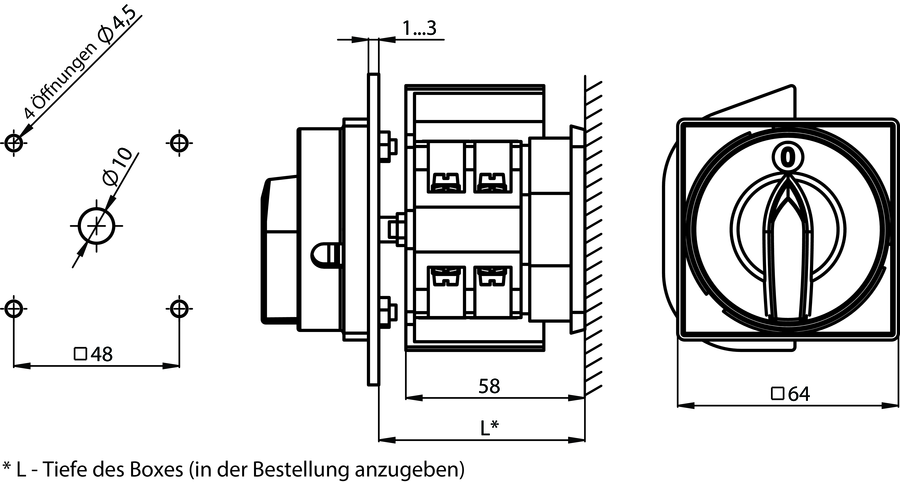 ŁK25RG B08 Haupttrennschalter, Befestigung an die Basis - Maße