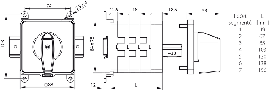 SK125 BS Vačkový spínač pro univerzální uchycení lišta-základní deska - Rozměry