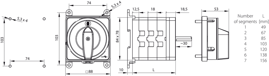 SK100 BS Cam switches, base-rail mounted - Dimensions