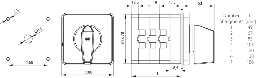 SK100 P Cam switches, front mounted  - Dimensions