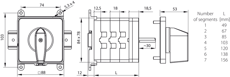 SK100 BS Cam switches, base-rail mounted - Dimensions