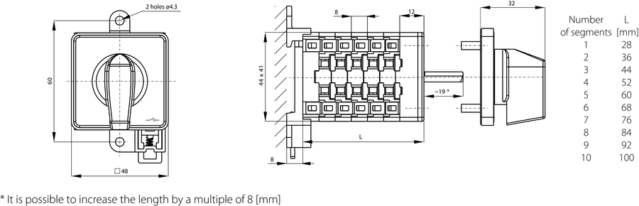 SK10 BS Cam switches, base-rail mounted - Dimensions