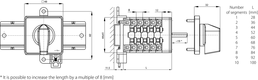 SK10 BS Cam switches, base-rail mounted - Dimensions