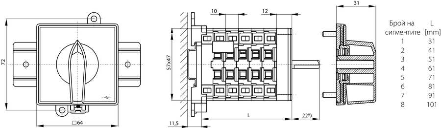 SK40 BS Гърбичен прекъсвач за монтаж на основа -шина - Размери