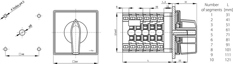 SK32 P Cam switches, front mounted - Dimensions