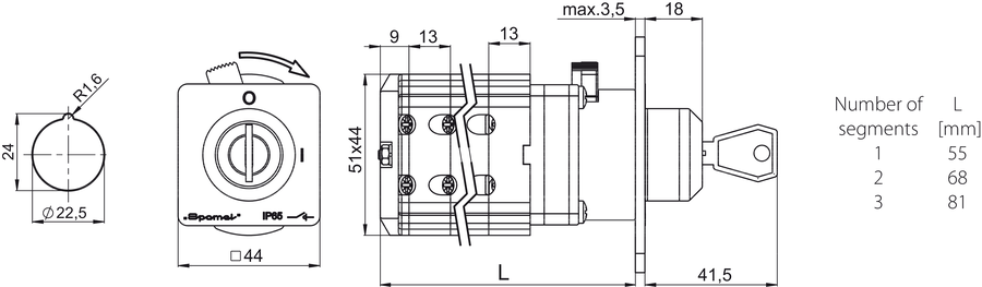 SK16G SA22 Vačkový spínač montáž do panelu do otvoru ø22 ovládání klíčem - Rozměry