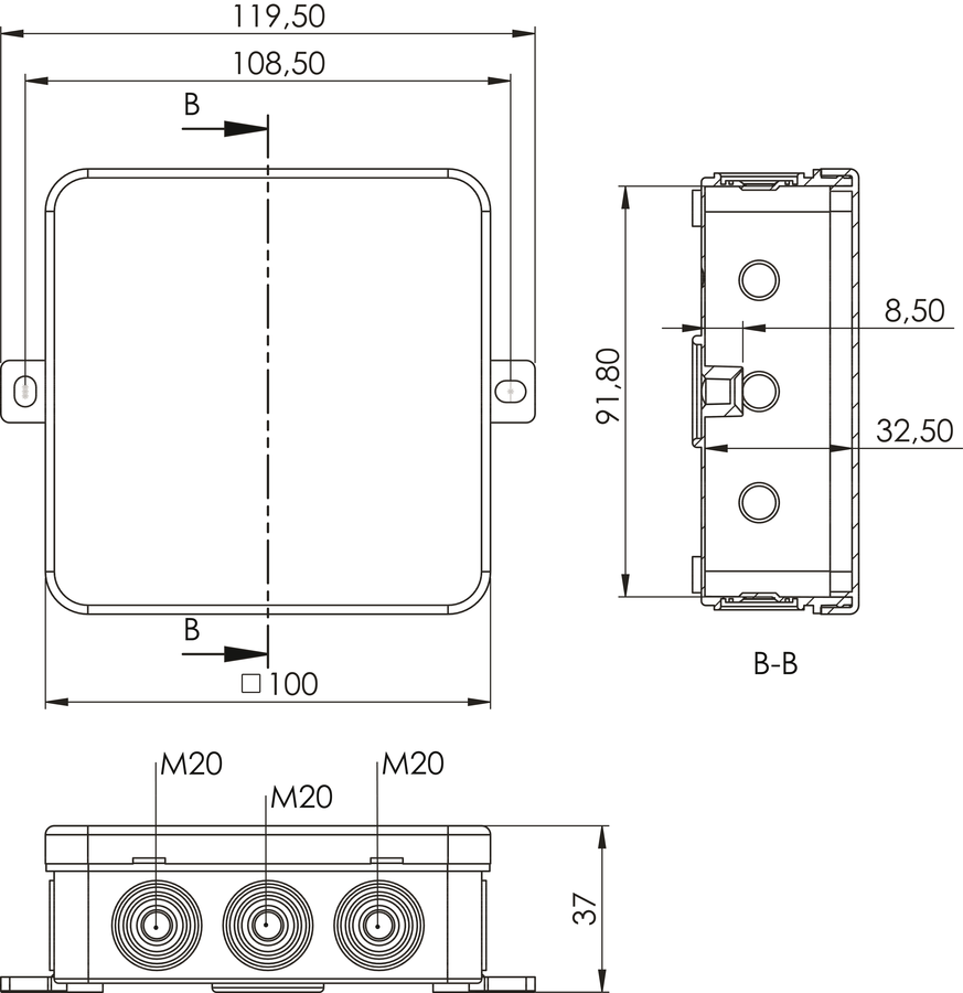 E114 - Wall junction box IP54 100 x 100 x 40 mm - Dimensions