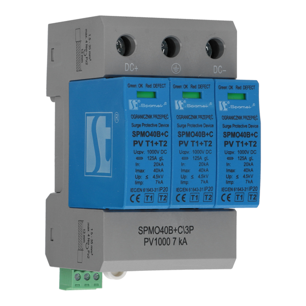 Warystorowy ogranicznik przepięć do instalacji fotowoltaicznych PV 3P, 1000V DC, 7kA, typ 1+2 (klasa B+C)